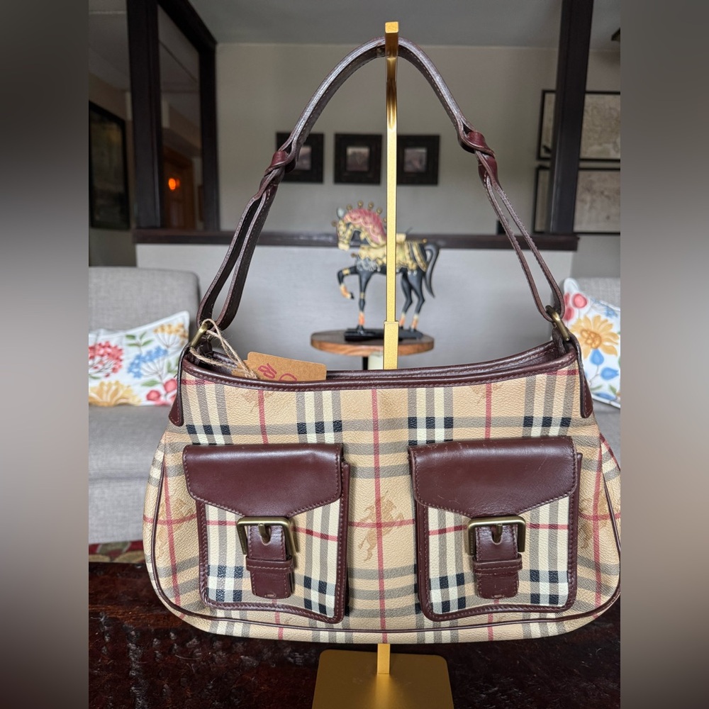 Burberry Plaid Shoulder Bag with Brown leather trim with COA
